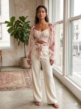 Women's Pink Marble Wrap Crop Top and Cream Wide-Leg Pants Set